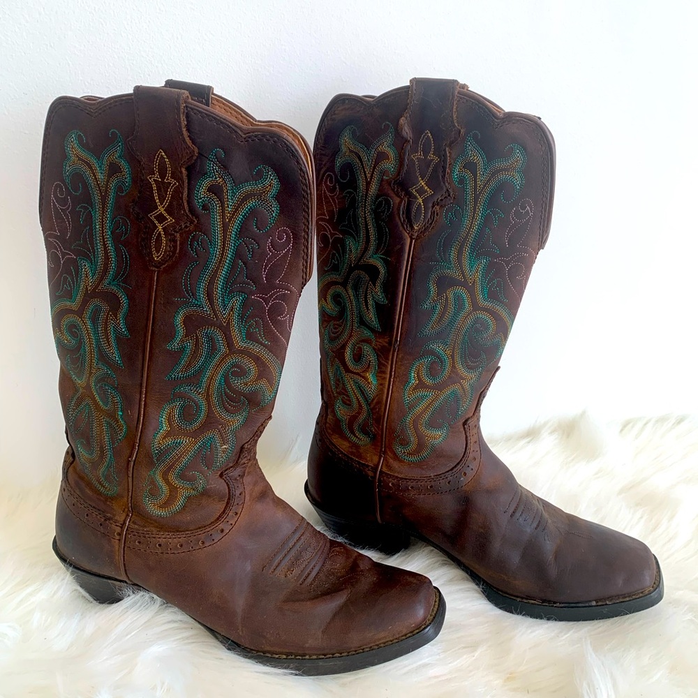 Justin Stampede Apache Brown & Teal Western Leather Embroidered Cowboy Boots Sz6